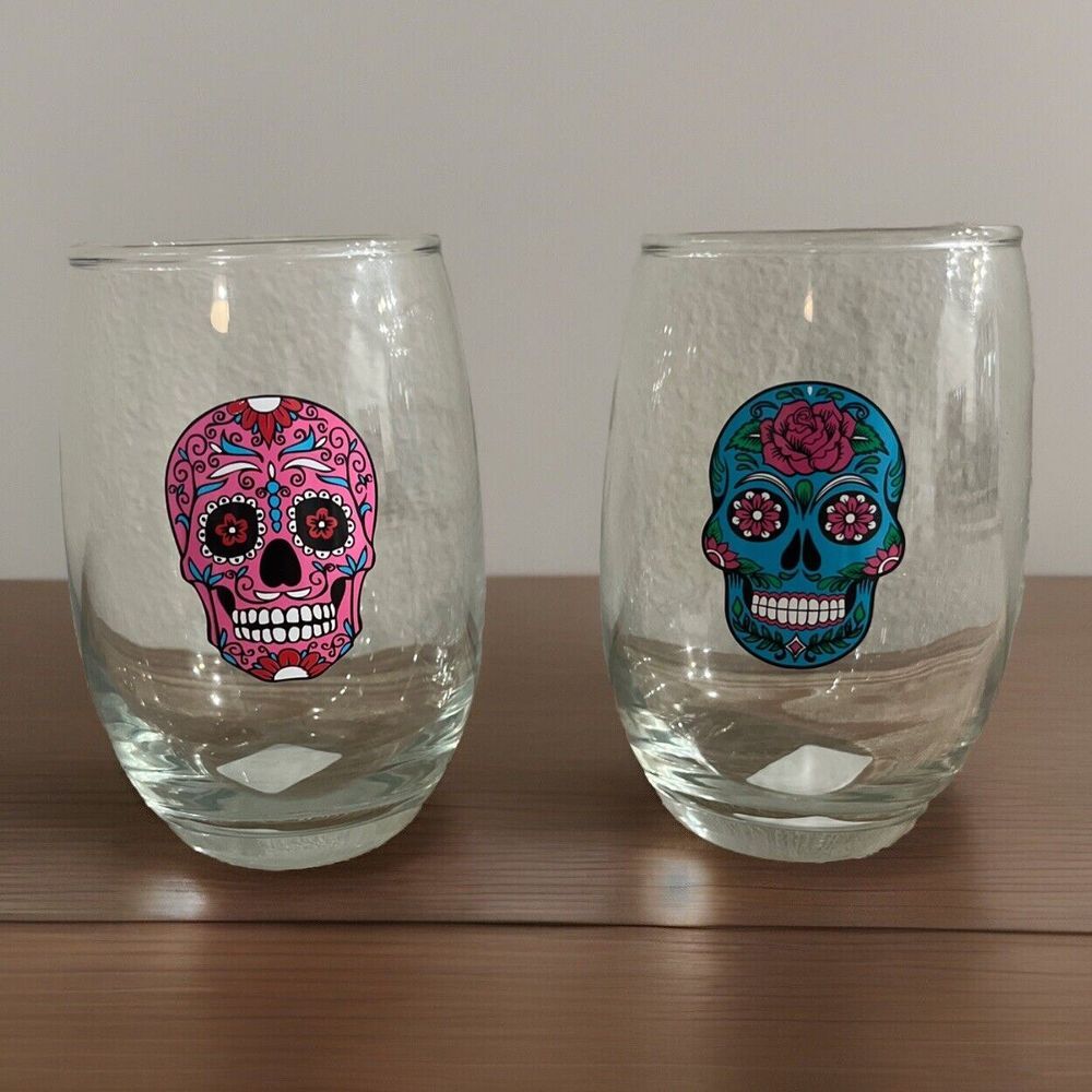 Set Of Two 15oz Stemless Wine Glasses Sugar Skull Dia de‎ Los Muertos Halloween
